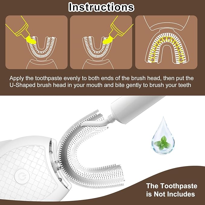 Electric Toothbrush for Adults U Shaped Automatic Toothbrush for 360-degree Cleaning 3 Modes for Whitening Wireless Charging Kit for Travel or Home(White)