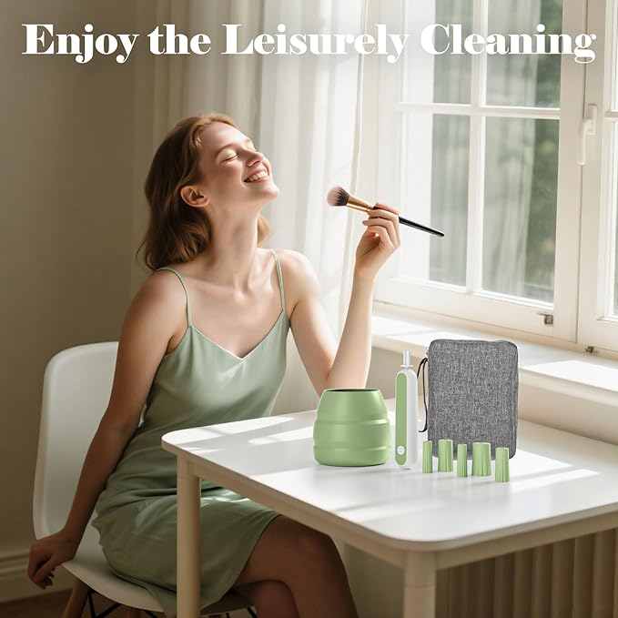 Electric Makeup Brush Cleaner Machine -15000RPM Fast Deep Cleaning and Dry Make Up Brushes Efficient Cleaning with Storage Cas Portable Spinning Washer Gift for Women-Green