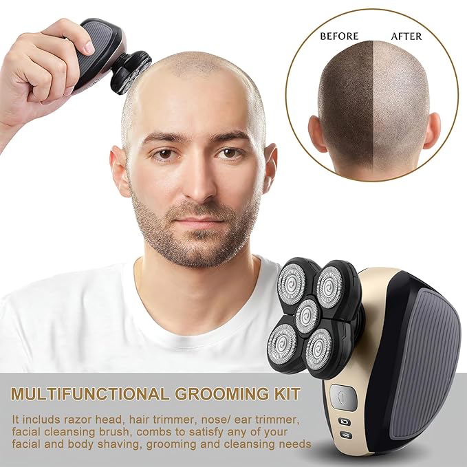 Bald Shavers for Men - Telfun Upgrade 5-in-1 Electric Head Shavers for Bald Men 100% Waterproof Cordless Razor Wet/Dry Shaving 5 Dual Track Heads Mess-Free Hair Capture