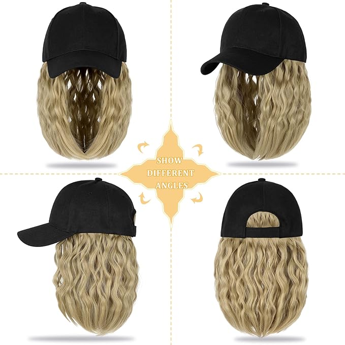Baseball Cap with Hair Extensions Hat Wig Adjustable Hat Attached Curly Wave 14 Synthetic Hairpiece for Women Ash Blonde