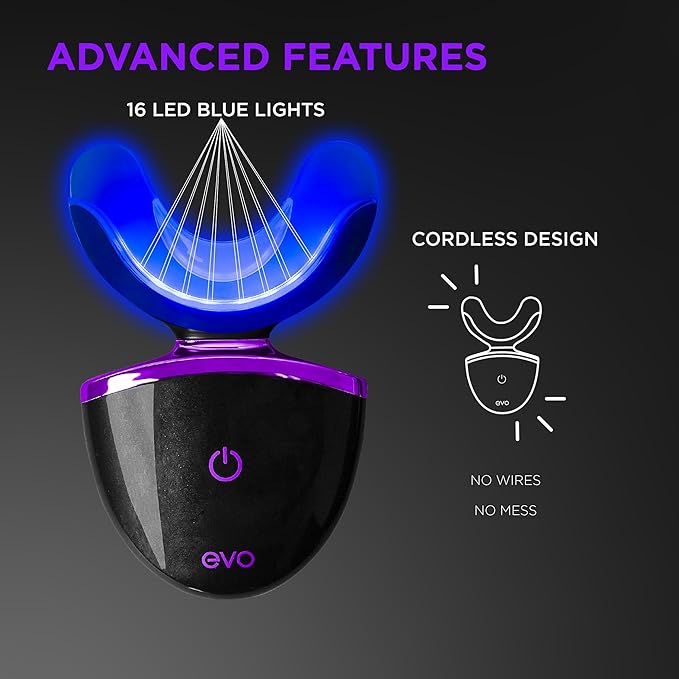 EVO LED Light Teeth Whitening Kit with Blue Light Mouthpiece Enamel Safe Stain Remover Charging Travel Case Includes 3 Whitening Pens 30-Minute Treatments