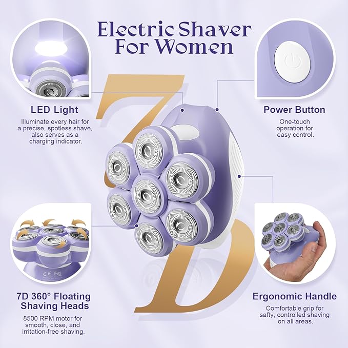 7D Electric Razor for Women: Fast &amp Painless Full-Body Shaver for Legs &amp Face ? Waterproof Hair Remover with Light &amp Travel Cover ? Wet/Dry Use Smooth Close Shave Birthday Christmas Gift