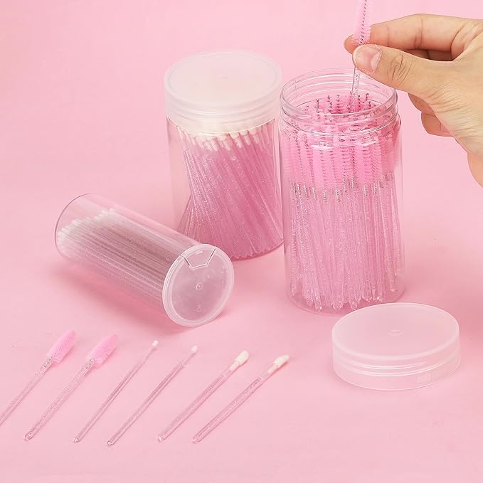 1500 PCS Eyelash Extension Supplies Kit 500 Spoolies Mascara Wands 500 Lip Brushes 500 Micro Swabs Pink Disposable Eyelash Brushes Makeup Applicator Tool with 3 Reusable Containers