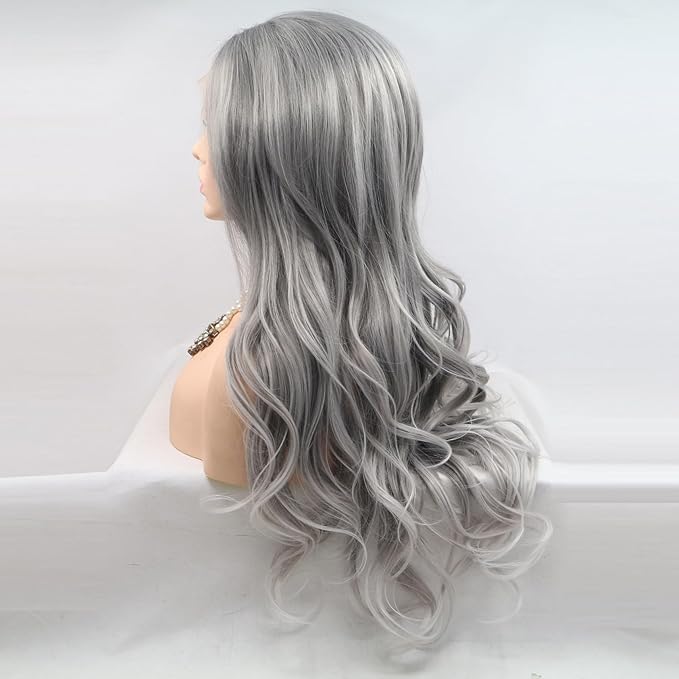 xiweiya Long Silver Platinum Blonde Lace Front Wigs with White Tips Ash Blonde Natural Wavy Mixed Silver Grey Ombre Synthetic Lace Wig Heat Resistant Fiber Wigs Middle Parting Wig for Women 22inch