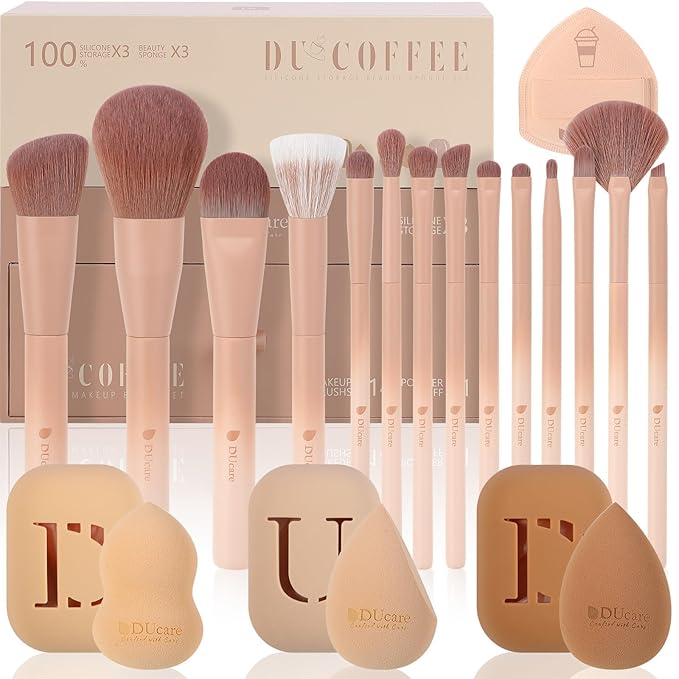 DUcare 21pcs Christmas Makeup Gift Setwith 14Pcs Makeup Brush set 3pcs Makeup Sponges 3pcs Sponge Holder 1pc Powder Puff for Foundation Blending Powder Blush Eyeshadows