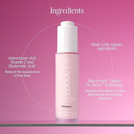 COOLA Organic Sun Silk Drops and Face Moisturizer with SPF 30 Dermatologist Tested Sunscreen with Plant-Derived BlueScreen Digital De-Stress Technology 1 Fl Oz