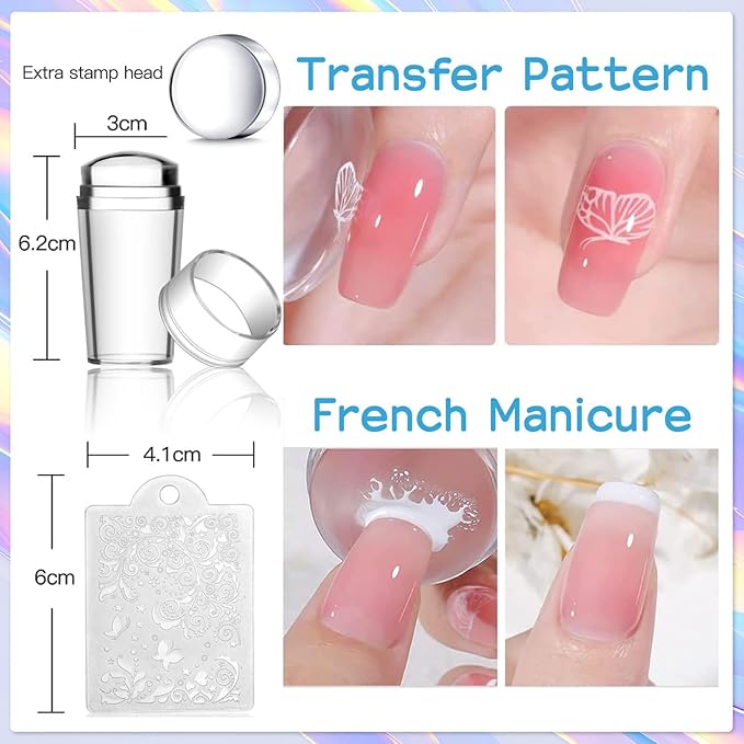 Biutee Nail Stamper Kit 12Pcs Nail Art Stamping Plate 8 Colors Stamp Polish Gel with Top Coat and Base Coat Set Silicone Stamper Scraper Nail Stamp Plates Love Flower Butterfly Leaf Christmas Design