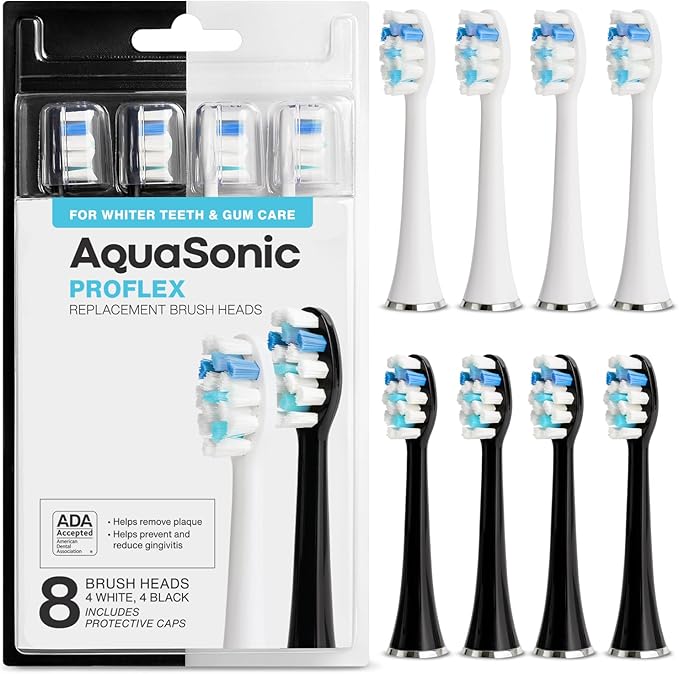 AquaSonic Duo PRO 8-Pack Replacement Brush Heads - Upgraded Proflex Brush Heads for Improved Plaque Removal - ADA Accepted - Genuine AquaSonic