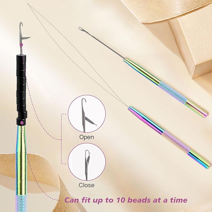 NEWISHTOOL Hair Extension Tool Kit - Silicone Micro Beads Stainless Steel Beads Plier Metal Bead Threader and Needle Pulling Hook for Beading Hair Extensions Girls Cosplay Party Hair Styling Tool