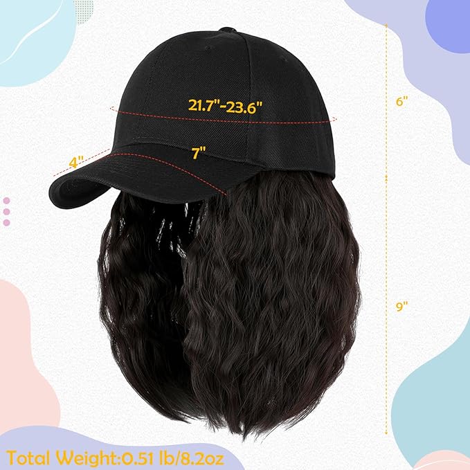 Baseball Hat WigHat with Hair attached 16'' Adjustable Black Cap with Wavy Curly Synthetic Bob Hair Extensions for Women Girls(Dark Brown)