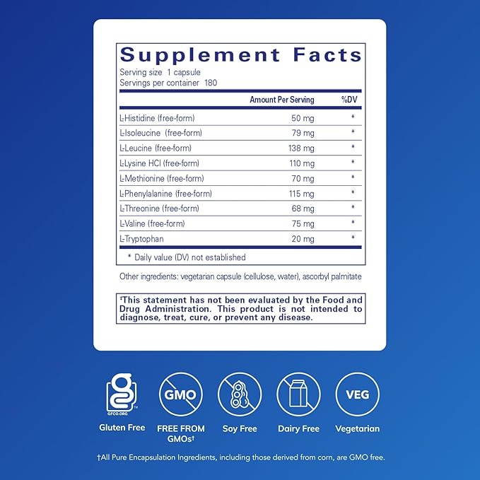 Pure Encapsulations Essential Amino Acids - Muscle Recovery Support &amp Health* - with Leucine Threonine &amp Tryptophan - 180 Capsules