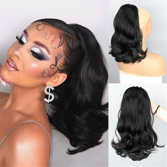 GSOUL Hair Bun Pieces for Women 18 Inch Synthetic Long Curly Wavy with Drawstring Bun Wig Ponytail Hair Extensions Women Accessories
