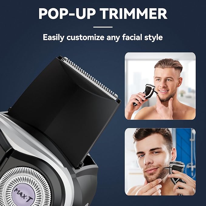 MAX-T Men's Electric Shaver - Corded and Cordless Rechargeable 3D Rotary Shaver Razor for Men with Pop-up Sideburn Trimmer Wet and Dry Painless 100-240V Black (Metal Black)