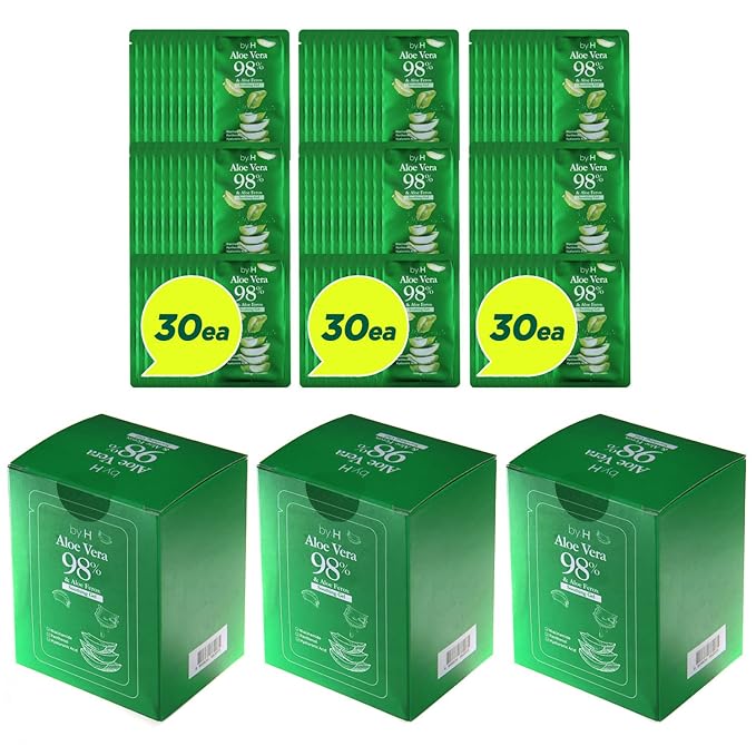 by.H Organic Aloe Vera Bulk Soothing Gel-Natural Moisturizer for Skin [90 PCS] Hair Effective for Sunburns Razor Burns Gentle Non-Greasy Skincare [Made in Korea] Pouch - (3 Packs of 30 PCS)