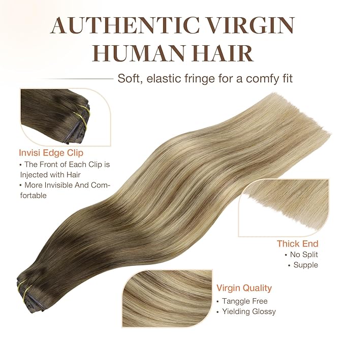 GOO GOO Invisi Edge Clip in Hair Extensions 7Pcs Injected Seamless PU Clip in Hair Extensions 24inch 150g Virgin Real Human Hair #3/8/613 Balayage Walnut Brown to Ash Brown and Bleach Blonde