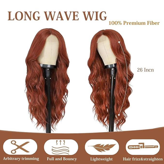 Auburn Wigs for Women 26 inch Lace Hairline Middle Part Long Curly Wig Heat Resistant Synthetic Hair Looking Natural Fiber Wig for Daily Party Use