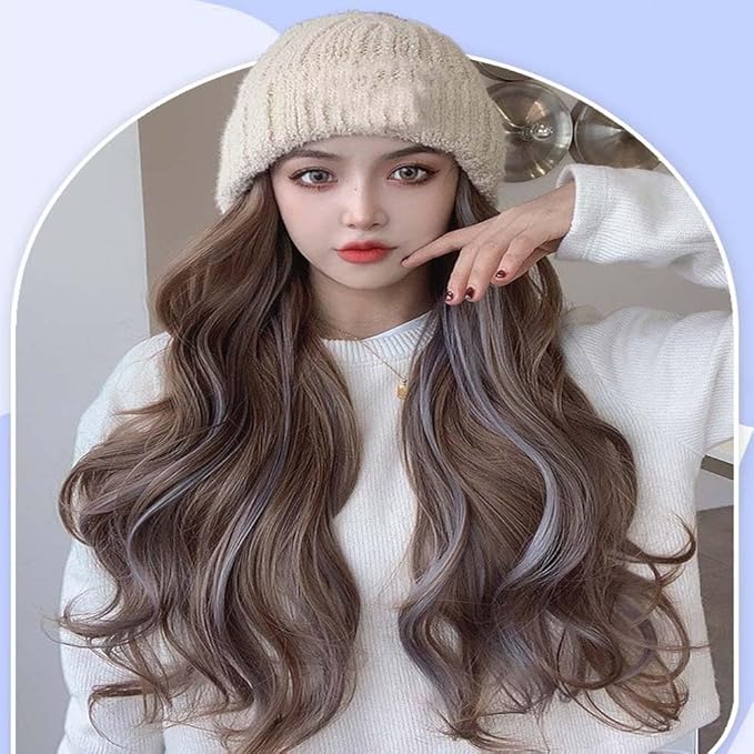 Woman Wig Winter Beanie Hat Wig Extension Long Wavy Curly Wig with Plush Knitted Hat Warm Wig