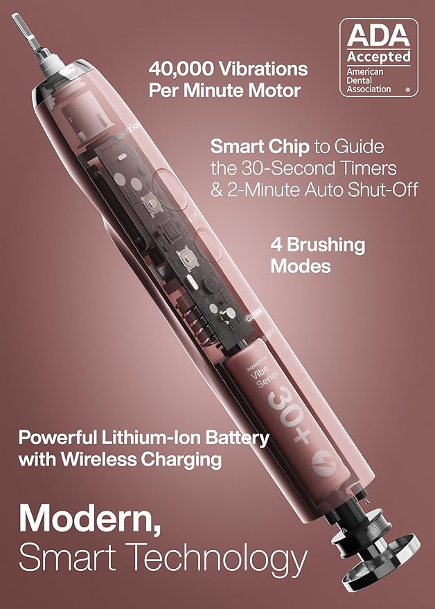 Aquasonic Vibe Series Ultra-Whitening Toothbrush ? ADA Accepted Electric Toothbrush - 8 Brush Heads &amp Travel Case ? 40000 VPM Motor &amp Wireless Charging - 4 Modes w Smart Timer ? Satin Rose Go