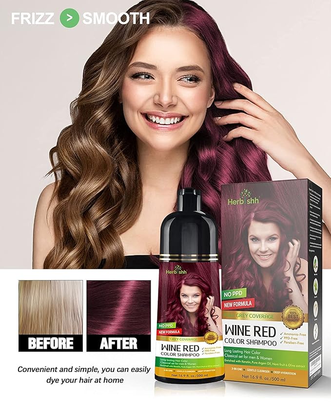 Herbishh Hair Color Shampoo - Magic Dye for Gray Hair Long Lasting Color in Minutes 3-In-1 Ammonia-Free 500 Ml (Wine Red)