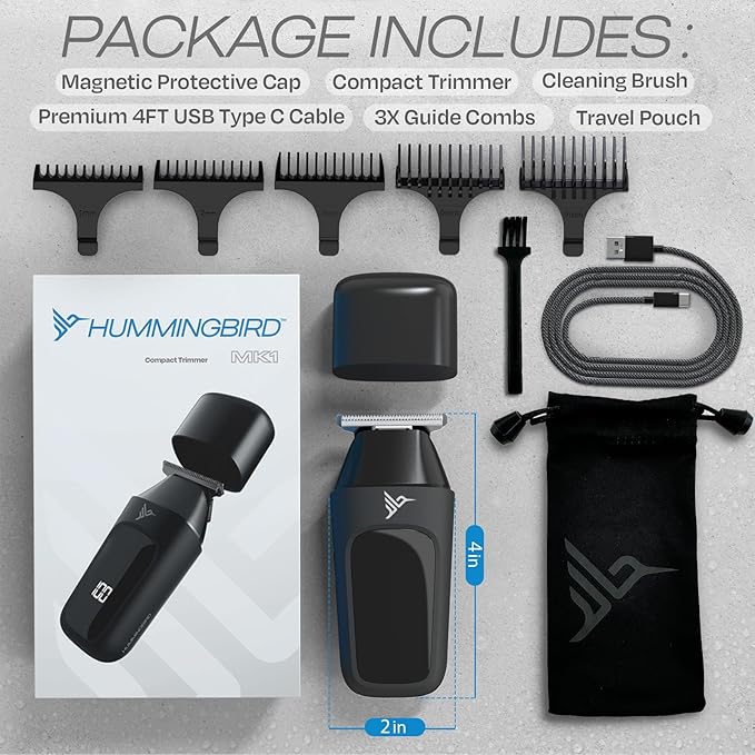 HUMMINGBIRD MK1 Compact Trimmer ? Portable Electric Beard &amp Body Hair Trimmer for Men Cordless USB-C Rechargeable Face &amp Body Groomer Travel Shaver Travel Pouch Great Gifts for Men Dad