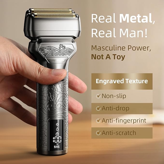 Electric Foil Shaver for Men: Rechargeable Razor with Push-Up Trimmer for Face - Cordless Wet/Dry/Anti-Slip Waterproof Shavers with LED Display - Metal Handheld Design Gray Silver