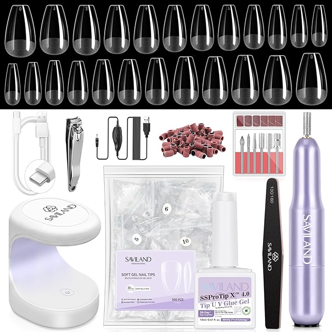 SAVILAND Advanced Gel Nail Kit: Salon Grade Nail Kit with Portable Light Short Coffin Nail Tips 500 Pcs 12 Sizes 30 Days Long-Wear Nail Kit Acrylic Set with U V Nails Glue Nail Lamp Drill DIY At Home