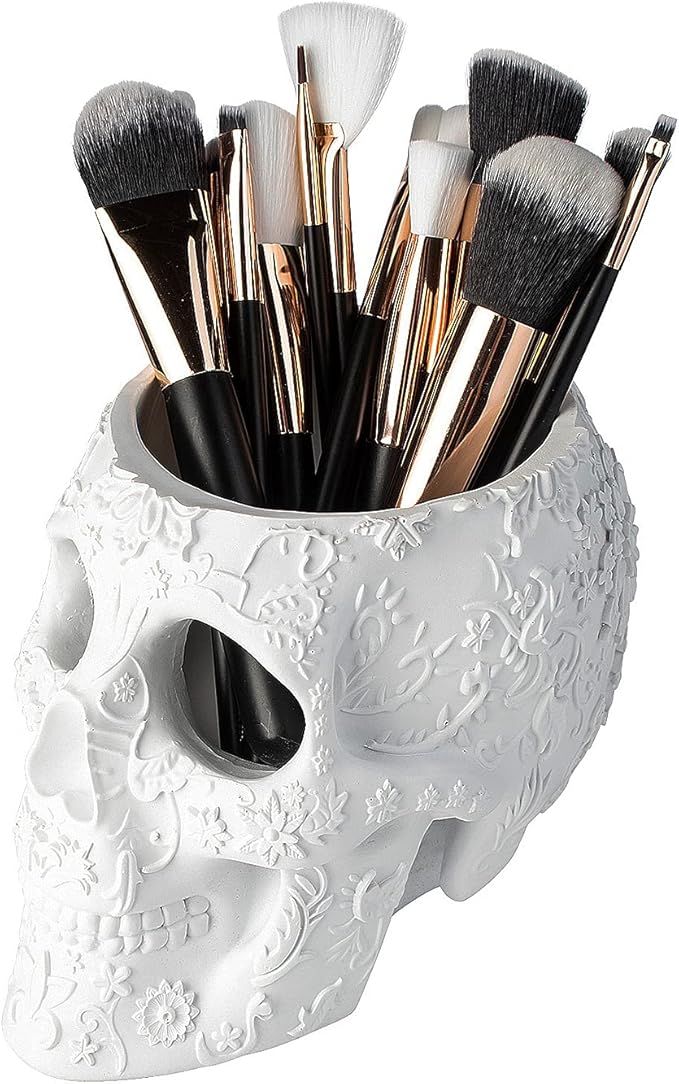 Skull Makeup Brush Candy Bowl &amp Pen Holder Bowl Spooky Goth Decorations Extra Large Strong Resin Skeleton Skulls and Bones Organizer Bathroom Trick Or Treat Decor by Gute (White)