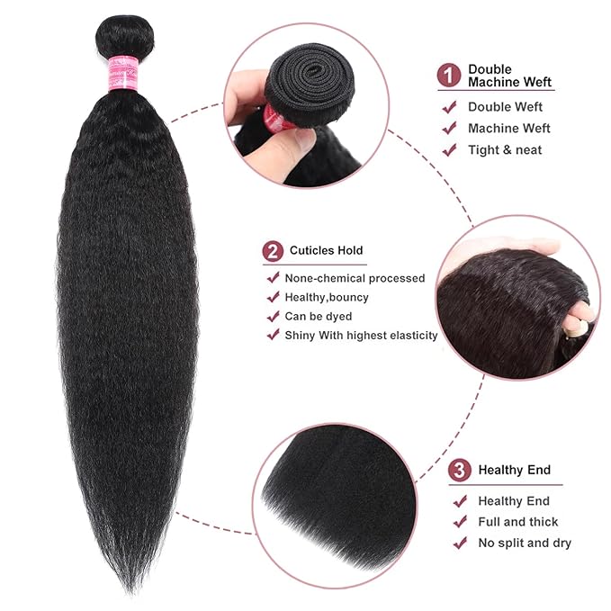Kinky Straight Bundles Human Hair Yaki Straight 16 18 20 22 Inch 4 Bundles 12A 100% Unprocessed Brazilian Human Hair Quick Weave Kinkystraight Bundles Natural Black Hair Extensions