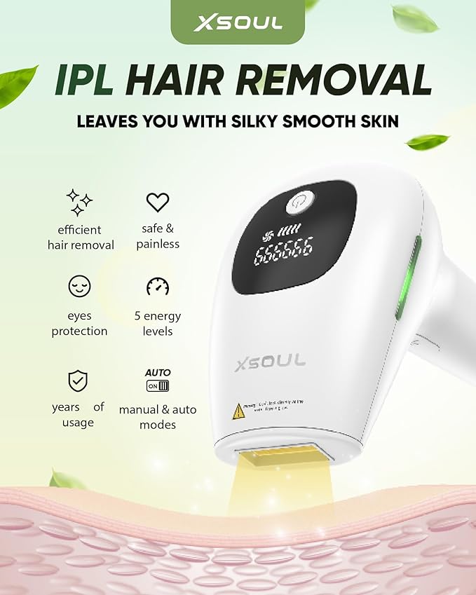 XSOUL At-Home IPL Hair Removal for Women and Men Permanent Hair Removal 999999 Flashes Painless Hair Remover on Armpits Back Legs Arms Face Bikini Line Corded