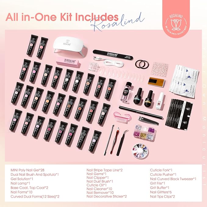 ROSALIND 28 Colors Poly Nail Gel Kit with Mini U V/LED Lamp White Nude Poly Nails Gel Kit Starter Kits With Slip Solution Pink Extensions Set for Nail Manicure Beginner