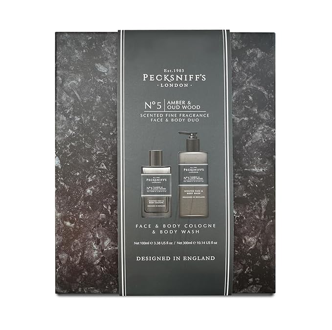 Pecksniff's Face &amp Body Duo Amber &amp Oud Wood ? Men?™s Grooming Gift Set with 100ml Face &amp Body Cologne and 250ml Body Wash ? Luxury Fragrance Collection Made in England