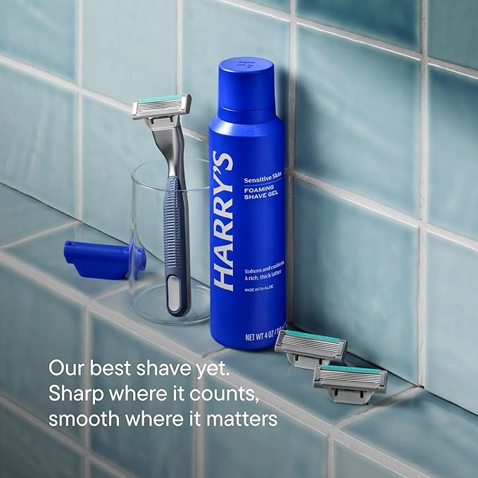 HARRY'S PLUS: Shaving Kit for Men ? Gift Box with Premium Handle 5 Razor Blade Cartridges 2 oz Foaming Shave Gel &amp Travel Cover Advanced Pivoting System ? Clay