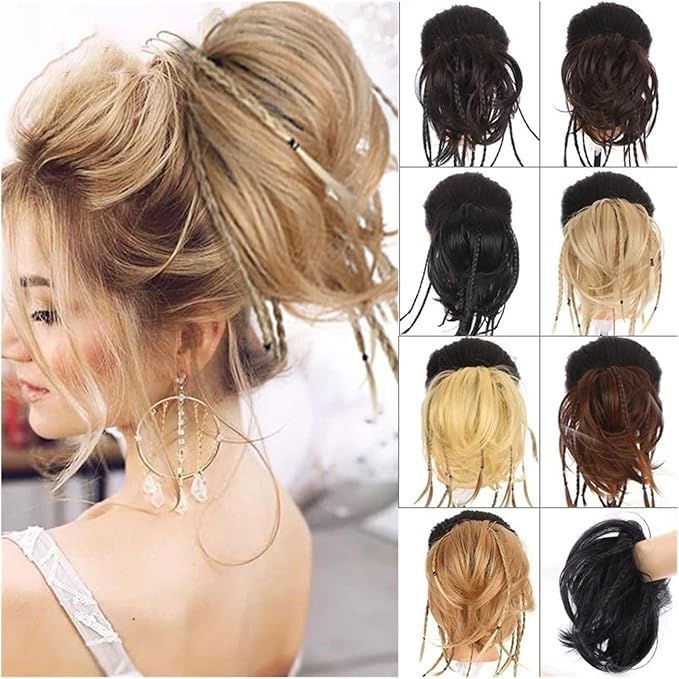 HIHELO Synthetic Straight Bun with Braids Extension Messy Bun Ponytail Hair Hoop Hair Accessories for Women Natural Wigs (Color : 06)