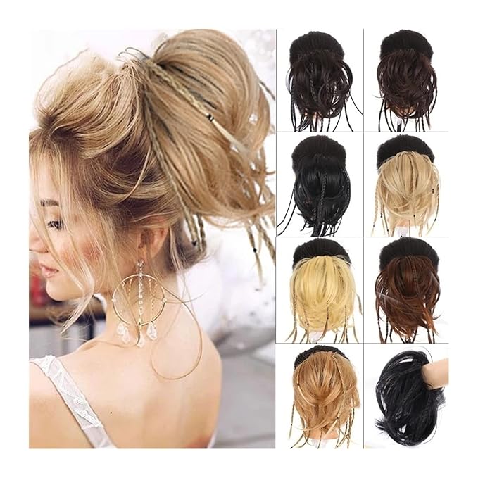 UNNS Hair Chignon Synthetic Straight Bun with Braids Extension Messy Bun Ponytail Hair Hoop Hair Accessories for Women Natural Wigs Bun Hair Pieces for Women (Color : 01)