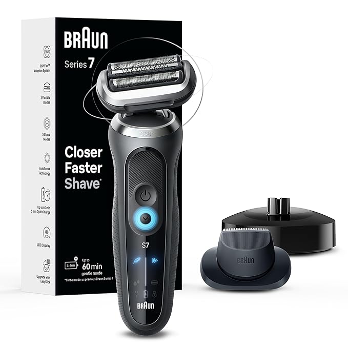 Braun Electric Shaver for Men Series 7 7127cs Wet &amp Dry Shave Turbo &amp Gentle Shaving Modes Waterproof Foil Shaver Engineered in Germany with Beard Trimmer Charging Stand Space Grey