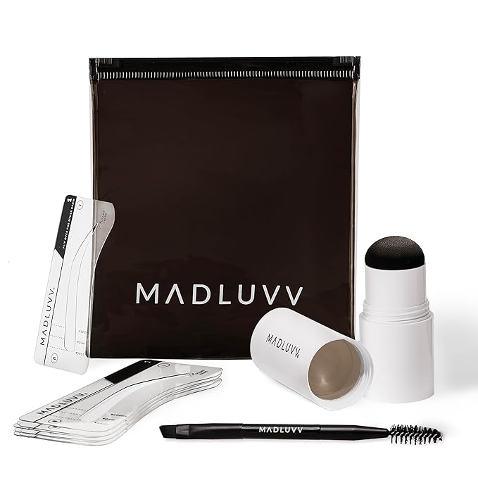 MADLUVV Brow Stamp Kit with Brow Stencils ? Easy Eyebrow Shaper for Natural-Looking Brows ? Popular Eyebrow Stencil Kit Used by Professionals ? 9 Shapes Spoolie Travel Bag &amp Stamp (Taupe)