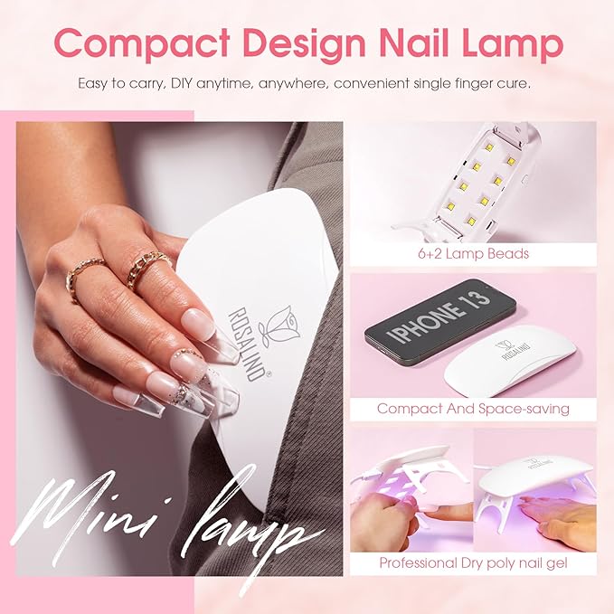 ROSALIND 20PCS White Clear Poly Nails Gel Kit Starter Build er Kit with Slip Solution Pro Nude Pink Nail Extensions Gel Set with Mini UV Lamp Drill Nail Art
