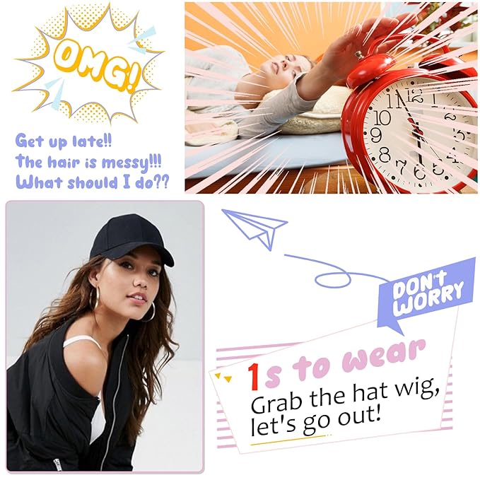 Baseball Hat WigHat with Hair attached 24'' Adjustable Black Cap with Long Wavy Synthetic Hair Extensions for Women Girls(Light Auburn)
