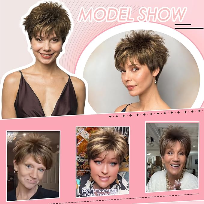 WIGYY Medium Golden Brown Pixie Wig for White Women ? Curly Short Wig with Bangs Glueless Heat-Resistant Synthetic Wig Soft Natural Look for Daily Wear or Older Women