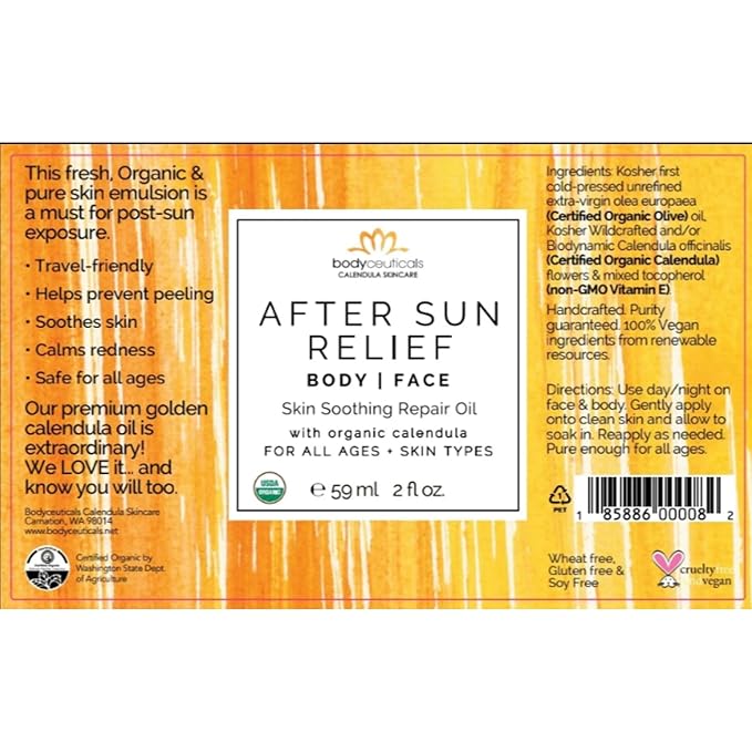 Organic Calendula After Sun Oil ? Moisturizing Face and Body with Olive Oil and Vitamin E Lightweight Formula for Normal to Oily Skin 2 oz