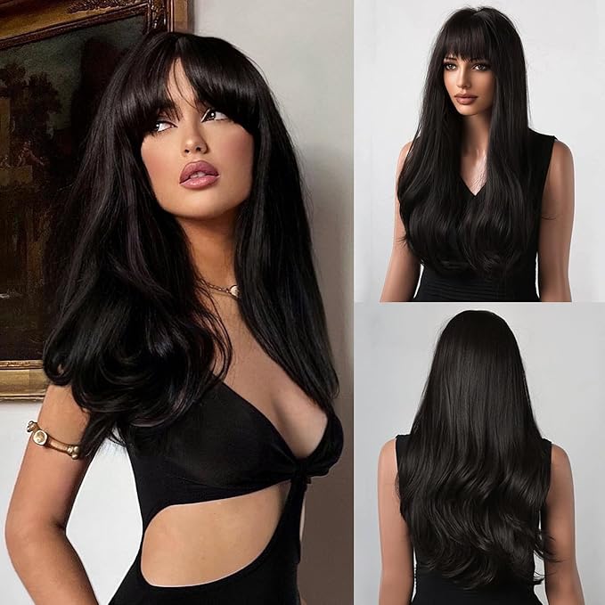 Honygebia Black Wig with Bangs - Natural Black Wigs for Women Long Straight Wavy Synthetic Hair Layered Realistic Heat Resistant Wig Best for Halloween/Christmas/Cosplay/Party