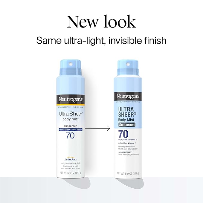 Neutrogena Ultra Sheer Body Mist Sunscreen Spray Broad Spectrum SPF 70 Lightweight Spray Sunscreen Non-Greasy &amp Water Resistant Oil-Free &amp Non-Comedogenic UVA/UVB 5 oz Pack of 3