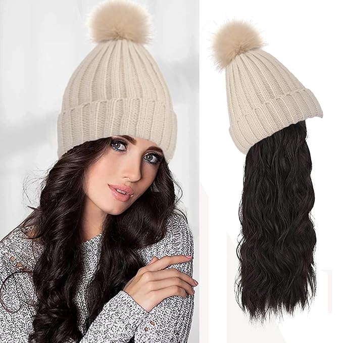 Women Winter Beanie Hat with Wig Big Wavy Curly Hair Extensions Knit ski Snow Cap Attached Party Daily Weddings Wig