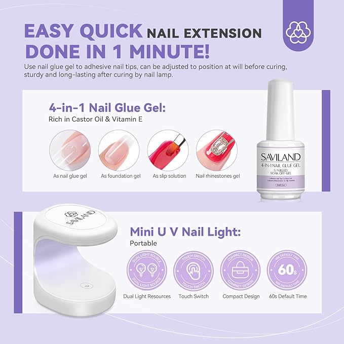 SAVILAND Gel Nail Kit with U V Light: Gel Nail X Kit with Nails Glue Easy At Home Nail Kit 500Pcs Short Coffin Nail Tips and Nail Drill 4-in-1 Glue Gels 15ML Mini U V Nail Lamp For Manicure