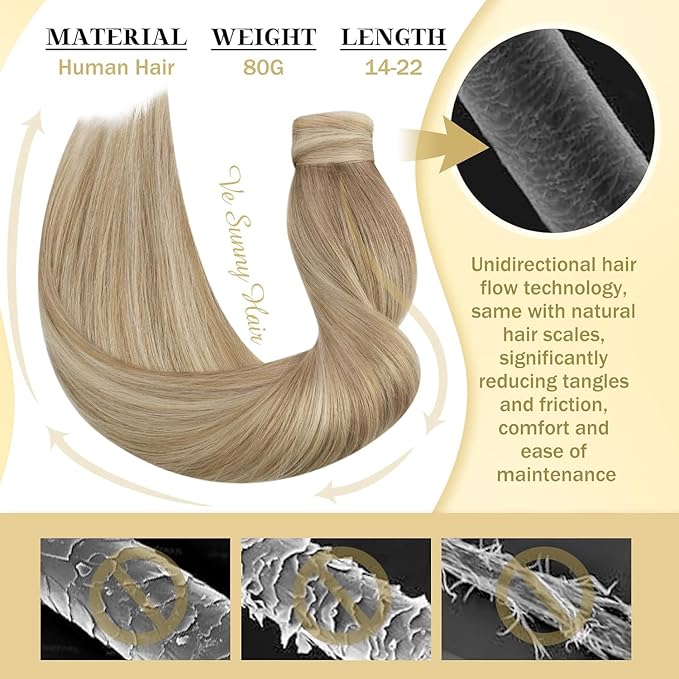 Ve Sunny Ponytail Extension Real Human Hair for Women Clip in Ponytail Hair Extension Straight Hair Pieces Wrap Around Dark Ash Blonde Highlights Golden Blonde 16inch 80G