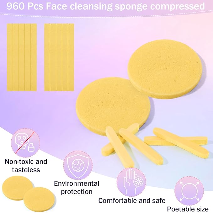 Mifoci 960 Pieces Yellow Compressed Facial Sponges for Estheticians Makeup Removal Sponge Pads for Women Spa Exfoliating Face