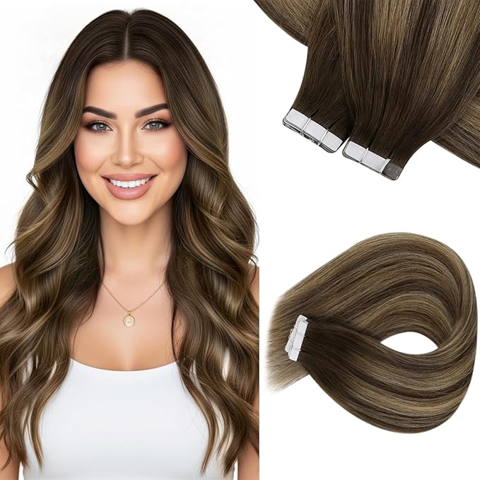 Sunny Hair Tape in Extensions for Women Real Hair 24 inch 100g Tape in Hair Extensions Human Hair Dark Brown Balayage Caramel Blonde Hair Extensions Tape in 40Pcs