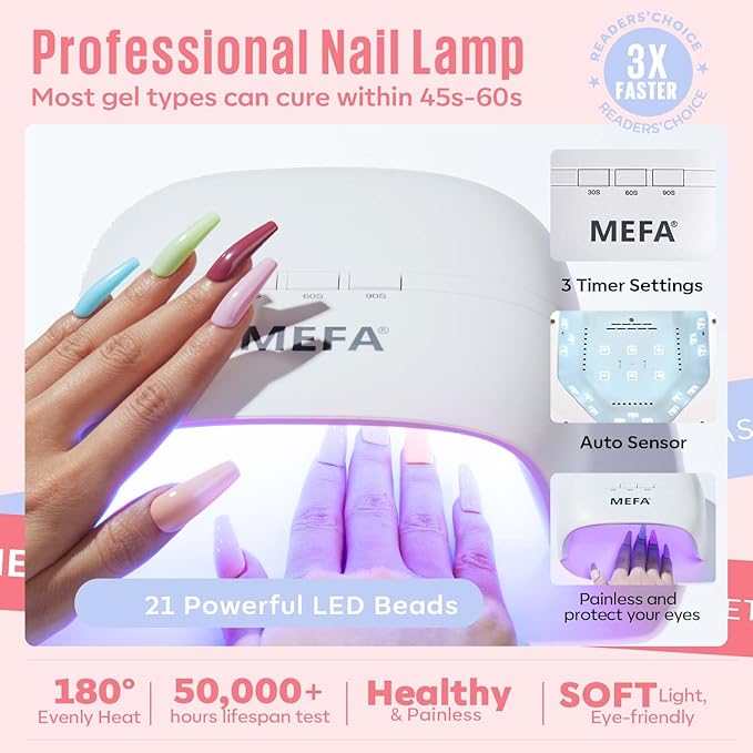 MEFA 60 Pcs Gel Nail Polish Kit with U V Light 32 Colors Popular Soak Off Nude Pink Red Gel Polish Nail Set with Matte/Glossy Gel Top Base Coat Manicure Tools Nail Art Decorations DIY Salon