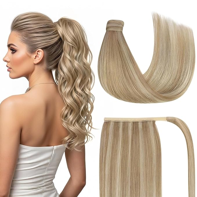 Ve Sunny Ponytail Extension Real Human Hair for Women Clip in Ponytail Hair Extension Straight Hair Pieces Wrap Around Dark Ash Blonde Highlights Golden Blonde 16inch 80G
