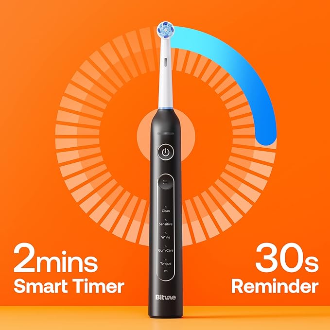 Bitvae R2 Rotating Electric Toothbrush for Adults with 8 Brush Heads Travel Case 5 Modes Rechargeable Power Toothbrush with Pressure Sensor 3 Hours Fast Charge for 30 Days Black